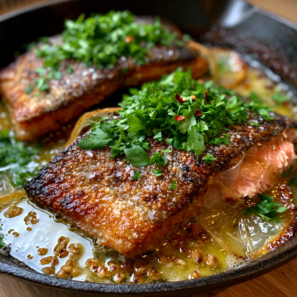 Pan-Seared Rainbow Trout with Crispy Skin and Garlic Butter 1 Top-down view of pan-seared rainbow trout with charred lemon slices and heavy parsley garnish in a black skillet.