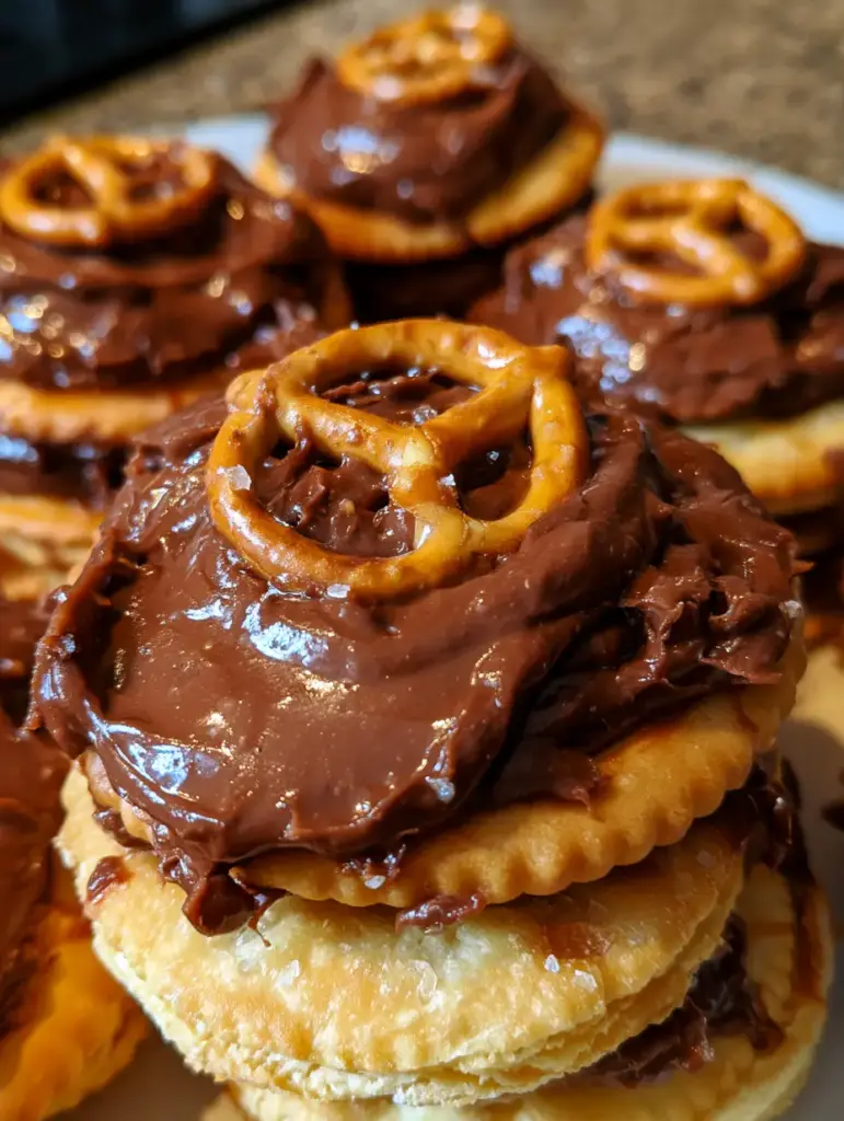 A stack of crackers with melting chocolate spread and pretzels in warm golden hour light.
