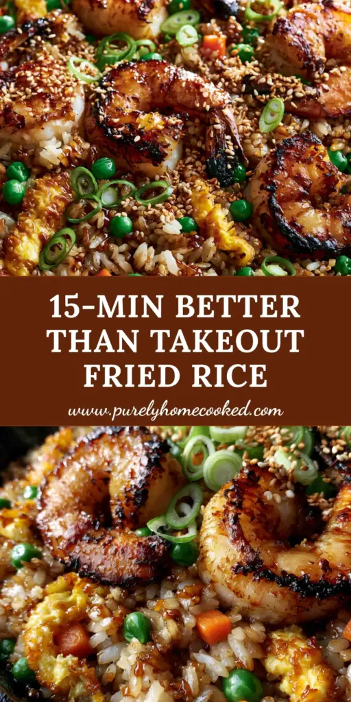 A top-down view of Hibachi-style Shrimp Fried Rice in a cast iron skillet with charred jumbo shrimp and golden egg ribbons.