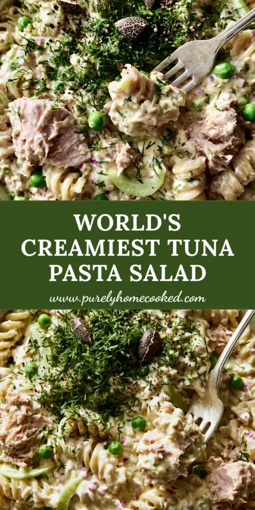Tuna pasta salad with Ultra-Creamy Dill Dressing and Garden Peas 4 A macro top-down shot of a rustic white ceramic bowl filled with creamy tuna pasta salad, featuring rotini, peas, and fresh dill. (Tuna pasta salad)