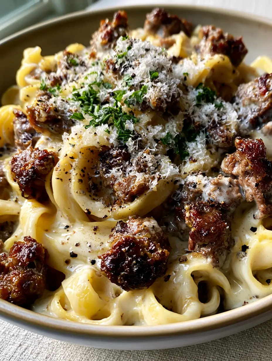 Beef and Garlic Butter Pasta: The Ultimate 20-Minute Creamy Comfort Food 3 Macro view of Beef and Garlic Butter Pasta showing glossy ivory sauce and crispy beef edges. (Beef and Garlic Butter Pasta)