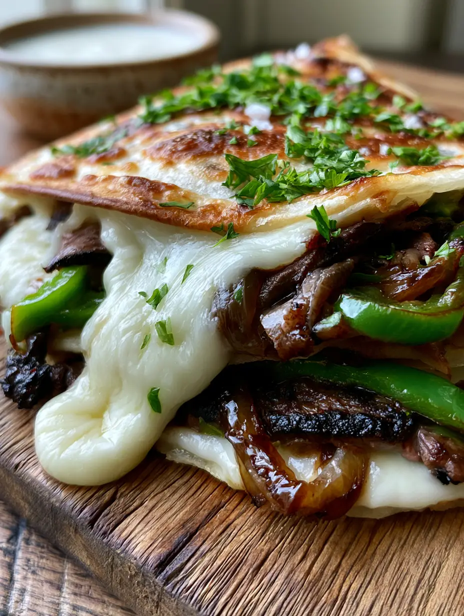 Philly cheesesteak quesadillas with Charred Ribeye and Garlic Sauce 3 Close up of butter-toasted flour tortilla with flaky crispy bubbles and molten cheese in Philly cheesesteak quesadillas.