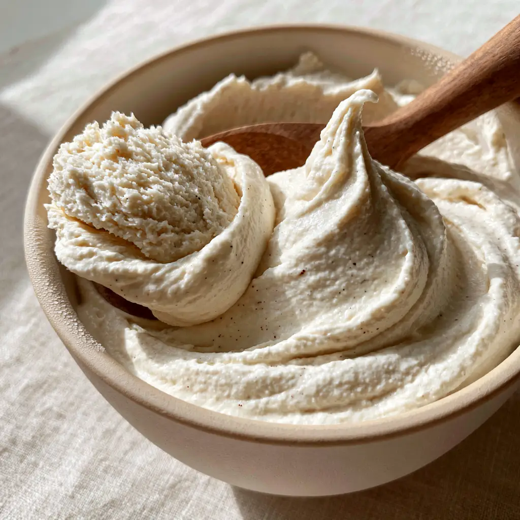 Instant Ice Cream: The 5-Minute Velvety Greek Yogurt and Banana Swirl 2 Extreme close-up of a thick, velvety soft-serve instant ice cream swirl with vanilla bean flecks.