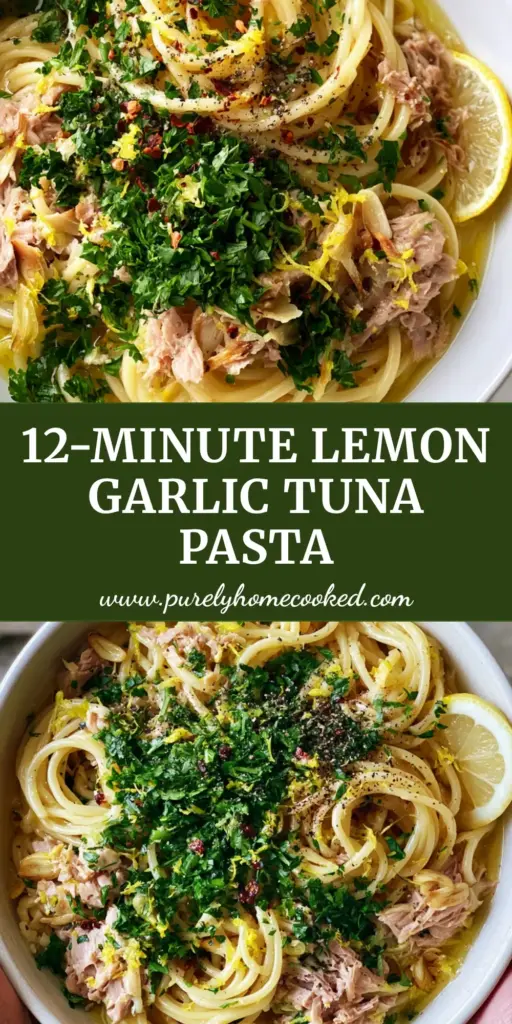 A top-down handheld smartphone photo of a white ceramic bowl filled with tuna spaghetti, garnished with parsley and lemon. (tuna spaghetti)