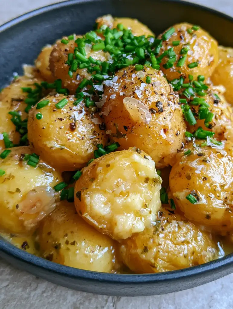 Slow Cooker Baby Potatoes with Garlic Butter and Fresh Chives 1 A crushed gold potato showing the fluffy yellow interior, part of a mound of slow cooker baby potatoes.