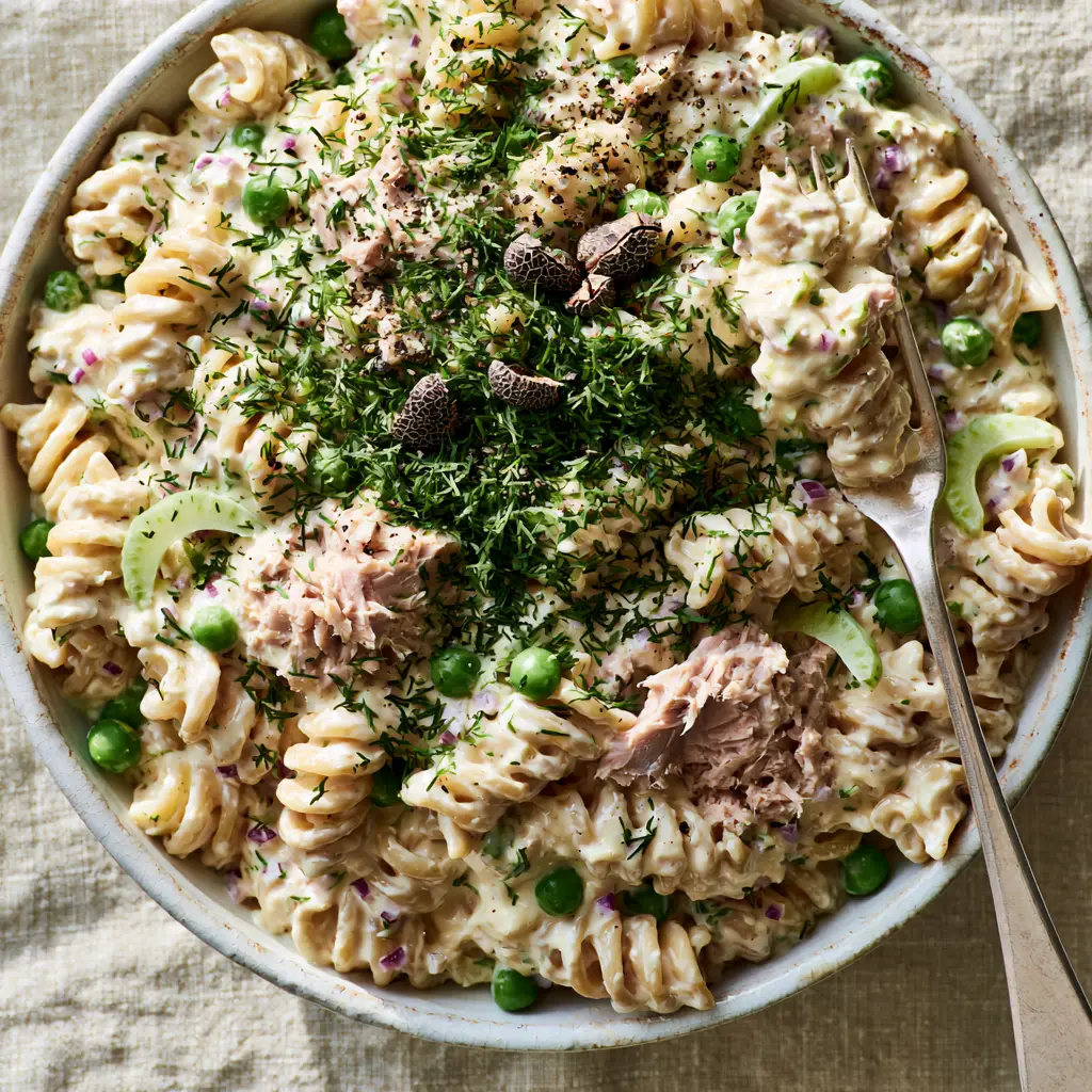 Tuna pasta salad with Ultra-Creamy Dill Dressing and Garden Peas 2 Close-up of thick ivory dressing coating rotini pasta with chunky tuna and green peas. (Tuna pasta salad)