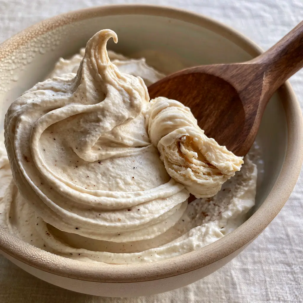 Instant Ice Cream: The 5-Minute Velvety Greek Yogurt and Banana Swirl 1 A heavy wooden spoon dipping into a thick glob of matte off-white instant ice cream in a chilled bowl.