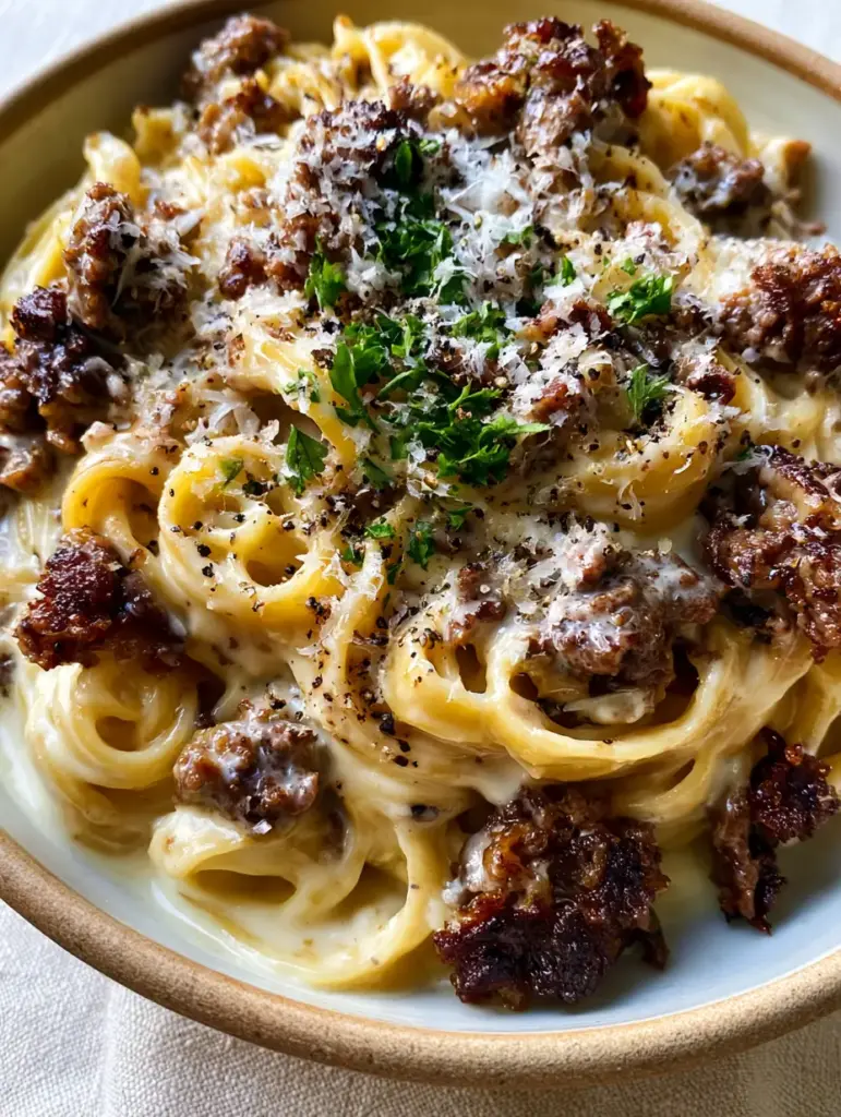 Beef and Garlic Butter Pasta: The Ultimate 20-Minute Creamy Comfort Food 1 High-angle shot of Beef and Garlic Butter Pasta in a rustic bowl with micro-planed parmesan. (Beef and Garlic Butter Pasta)