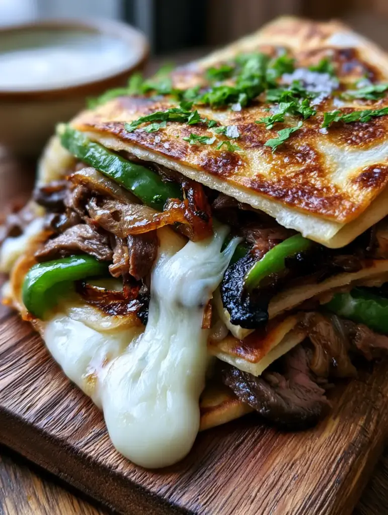 Philly cheesesteak quesadillas with Charred Ribeye and Garlic Sauce 1 Handheld smartphone photo of Philly cheesesteak quesadillas with charred shaved ribeye and green peppers.