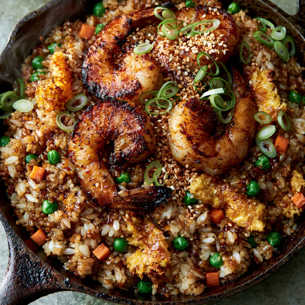 Hibachi-style Shrimp Fried Rice garnished with bias-cut scallions and toasted sesame seeds.