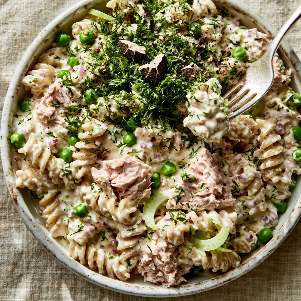 Tuna pasta salad with Ultra-Creamy Dill Dressing and Garden Peas 1 A fork lifting a bite of tuna pasta salad, showing the velvety consistency of the mayonnaise and yogurt sauce.