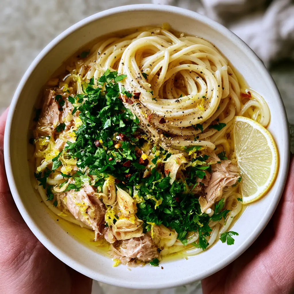 Two hands holding a bowl of tuna spaghetti with lemon slices and fresh parsley garnish on a stone countertop. (tuna spaghetti)