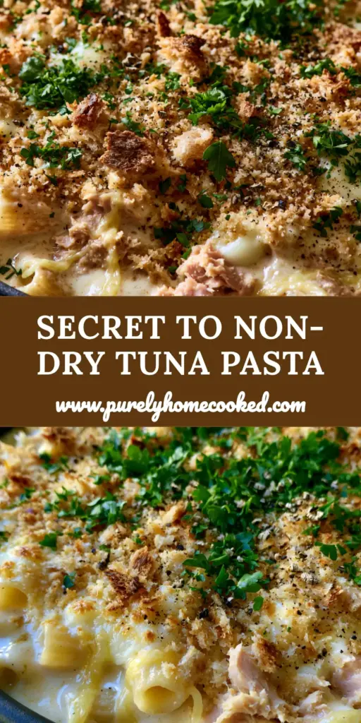 Tuna pasta bake recipe with Gruyere and Toasted Sourdough Crust 5 A close-up of a Tuna pasta bake recipe in a black dish with golden mozzarella and sourdough crumbs.