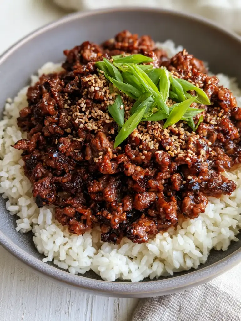 Macro view of honey garlic beef rice bowl showing the individual grains of fluffy jasmine rice and bias-cut scallions.