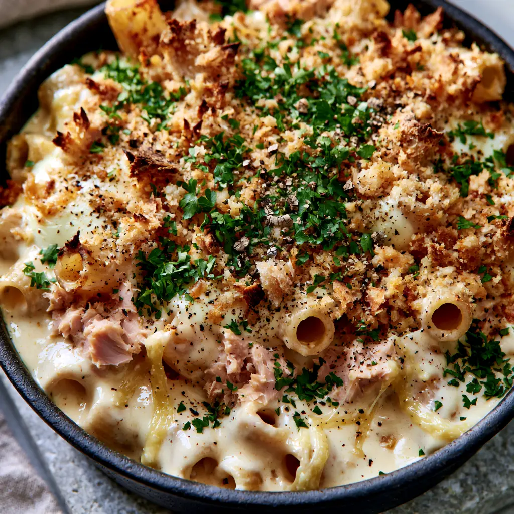 Tuna pasta bake recipe with Gruyere and Toasted Sourdough Crust 2 45-degree angle shot of rigatoni heavily coated in glossy ivory cream sauce. (Tuna pasta bake recipe)