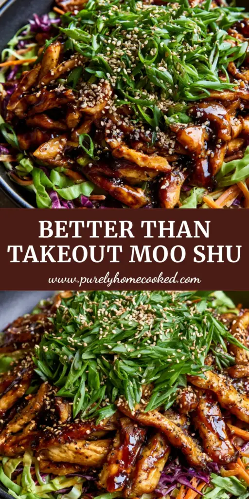 Extreme high-angle shot of Moo Shu Chicken in a matte black bowl with glossy hoisin glaze and fresh scallions.