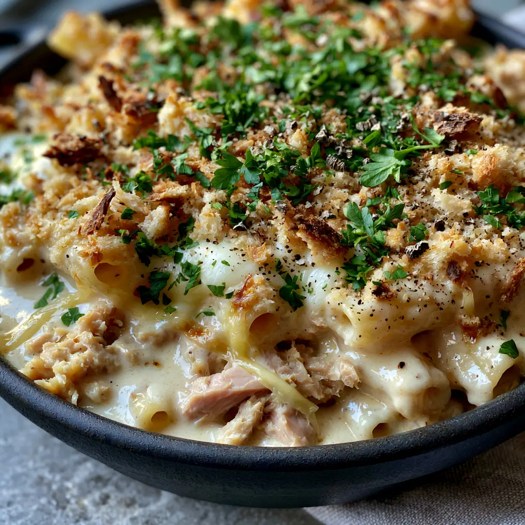 Tuna pasta bake recipe with Gruyere and Toasted Sourdough Crust 1 Top view of bubbly mozzarella and jagged sourdough breadcrumbs on a Tuna pasta bake recipe.
