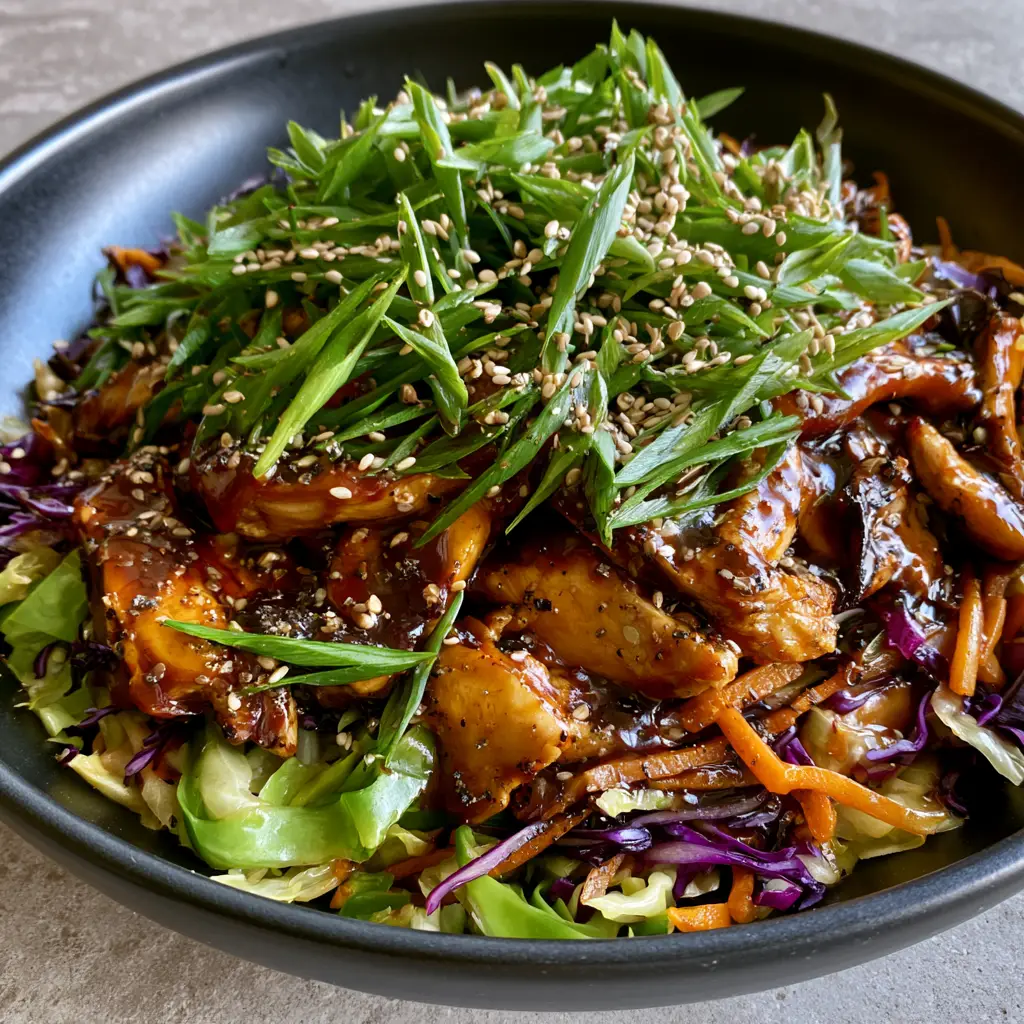 Moo Shu Chicken served in a shallow black ceramic bowl showing ribbons of cabbage and a forest of green scallions.