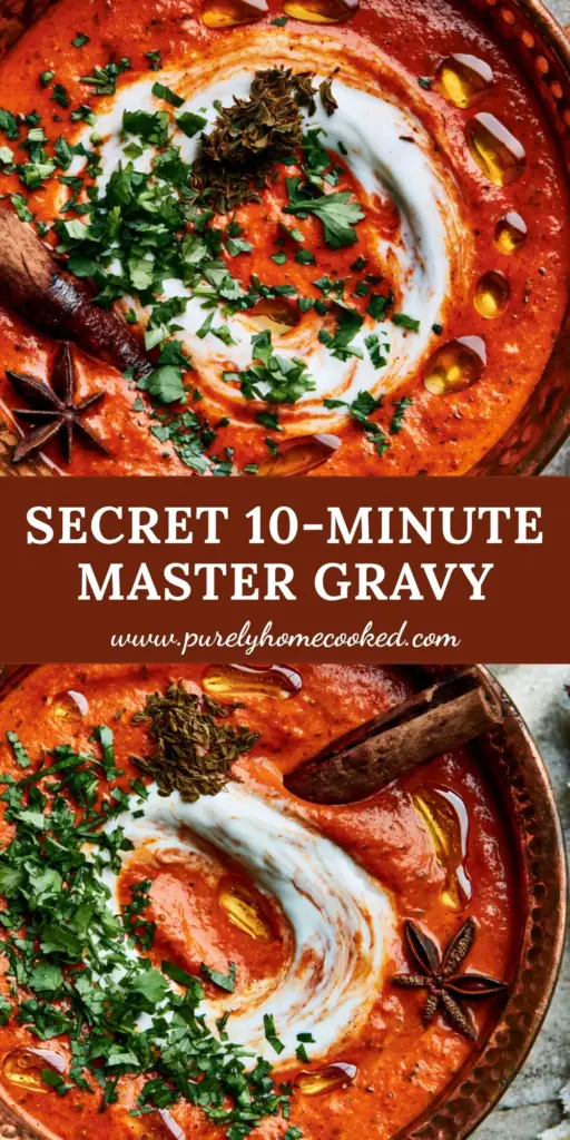 Traditional Indian Foods: The Ultimate Master Gravy and Garlic Naan 4 A top-down view of a copper bowl containing traditional Indian foods like thick orange gravy with a cream swirl and charred naan.