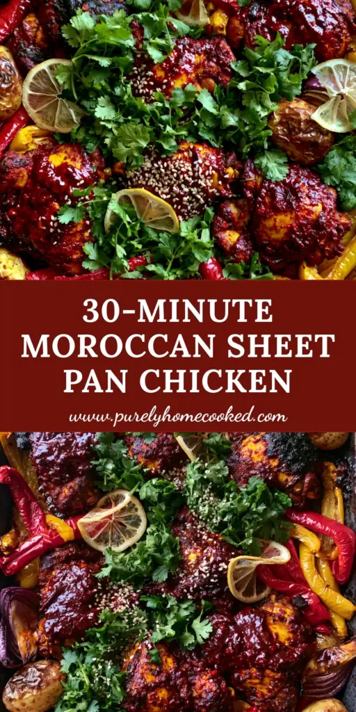 Overhead view of a rustic sheet pan with Moroccan Harissa Chicken thighs, blistered golden potatoes, and roasted bell peppers garnished with cilantro and lemon. (Moroccan Harissa Chicken)