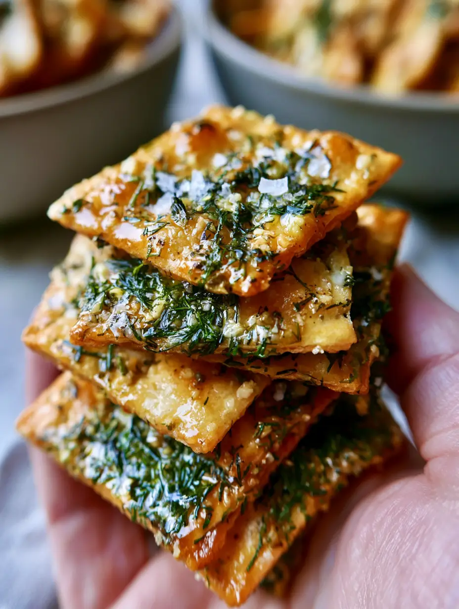 Macro shot of Dill pickle saltines with visible grains of garlic powder, dried dill, and coarse sea salt.