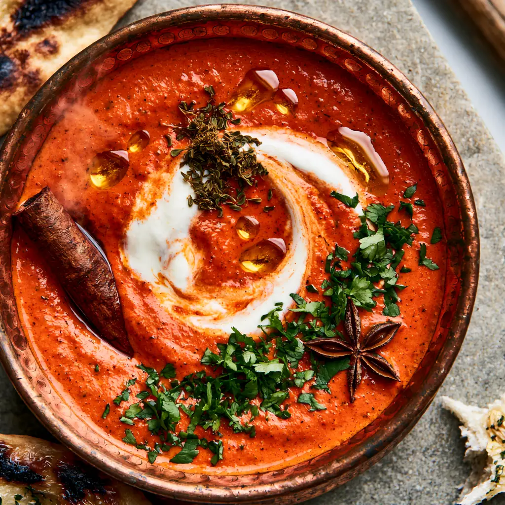 Traditional Indian Foods: The Ultimate Master Gravy and Garlic Naan 2 Macro shot of vibrant orange-red gravy in a copper bowl with a cream swirl and whole cinnamon stick. (traditional Indian foods)