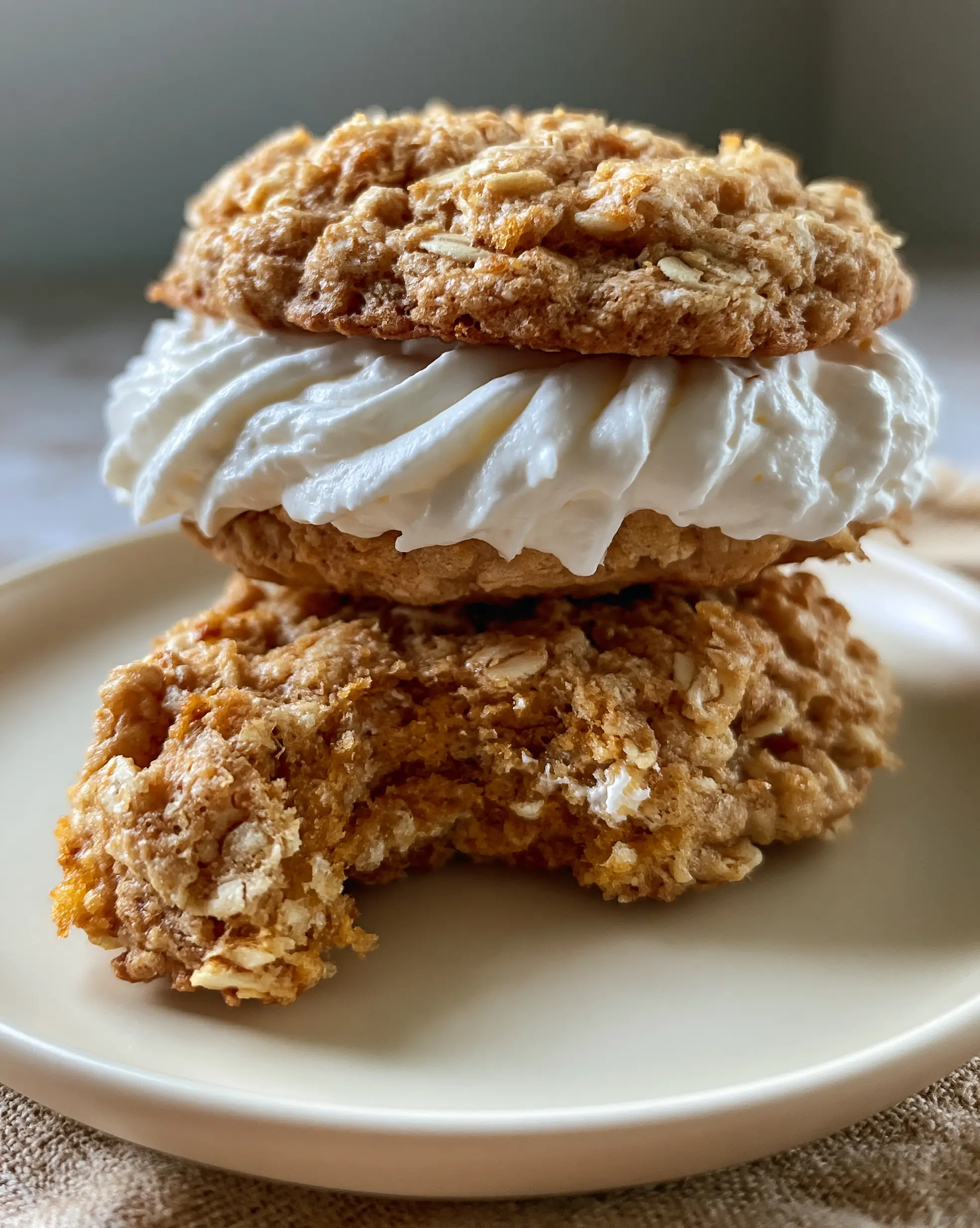 Eye-level handheld photo of a stacked homemade oatmeal cream pie with a bite removed, revealing the soft chewy crumb. (oatmeal cream pies)