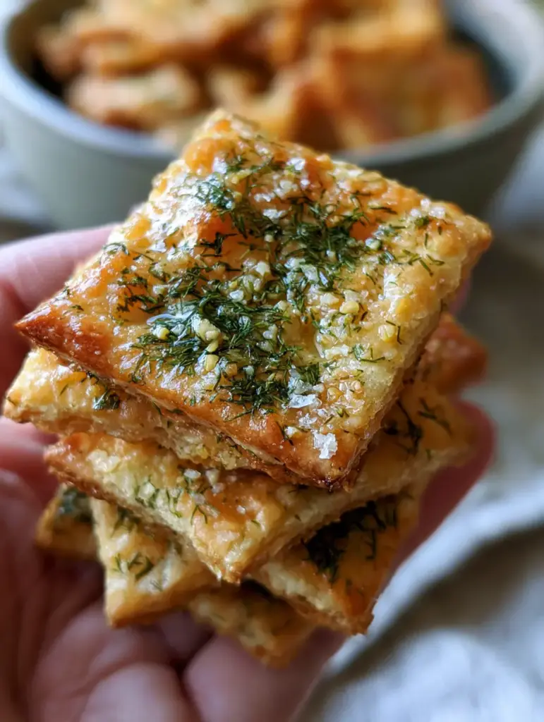 A close up of toasted flour crackers with golden brown edges and a thick coating of dried dill weed.