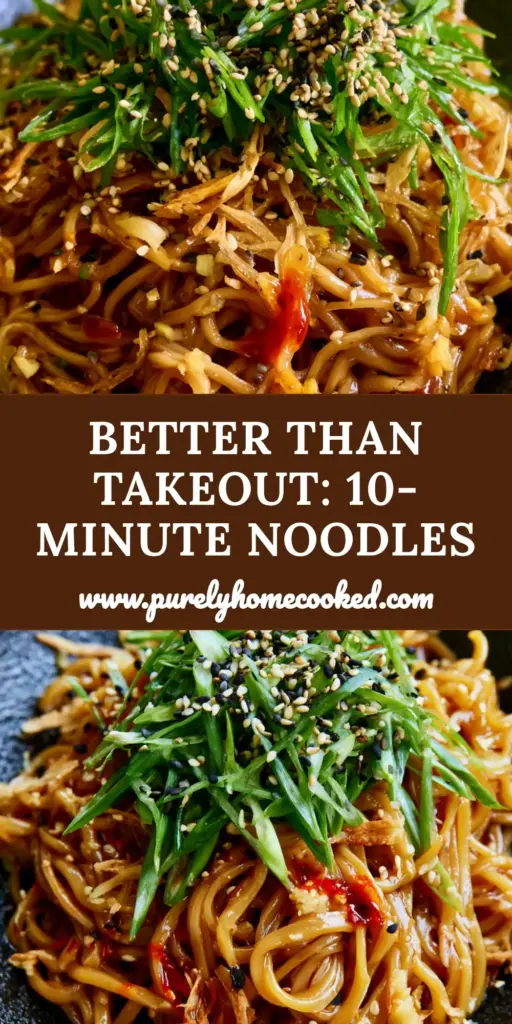 Asian Noodle Recipes: The Ultimate Glossy Garlic Sesame Noodles 4 A close-up of glossy amber Asian noodle recipes in a black bowl with fried garlic and green scallions.