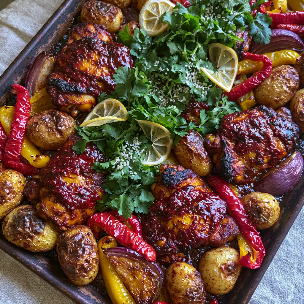 Roasted golden baby potatoes and caramelized red onions on a dark pan with Moroccan spices. (Moroccan Harissa Chicken)