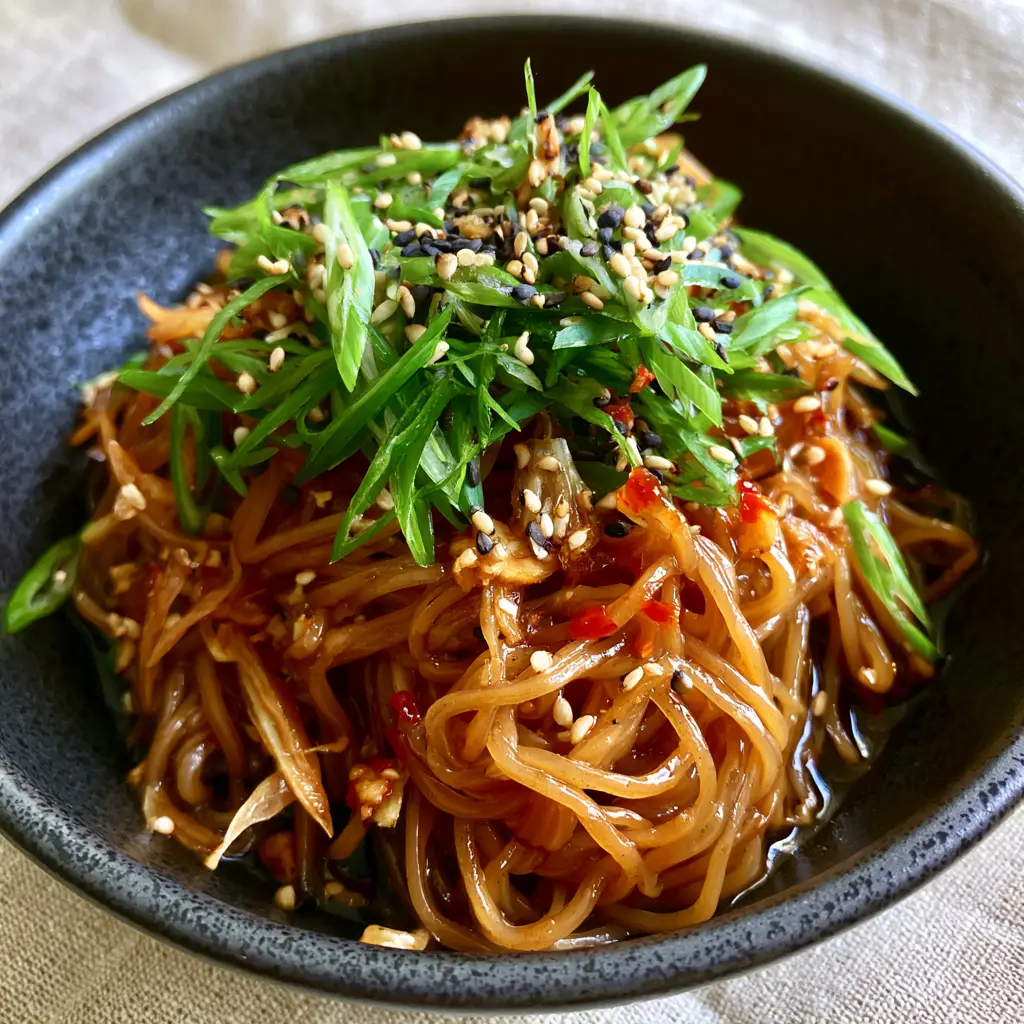 Asian Noodle Recipes: The Ultimate Glossy Garlic Sesame Noodles 2 Smartphone photo of dark amber Asian noodle recipes with high-specular highlights and red chili oil. (Asian noodle recipes)