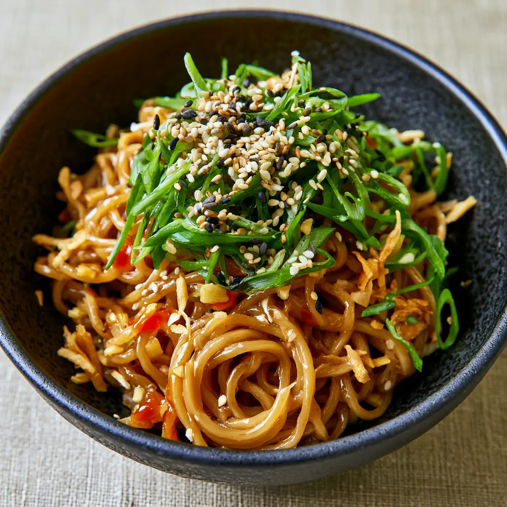 Asian Noodle Recipes: The Ultimate Glossy Garlic Sesame Noodles 1 Overhead view of a heap of sesame noodles in a matte black bowl with dense scallion garnish.