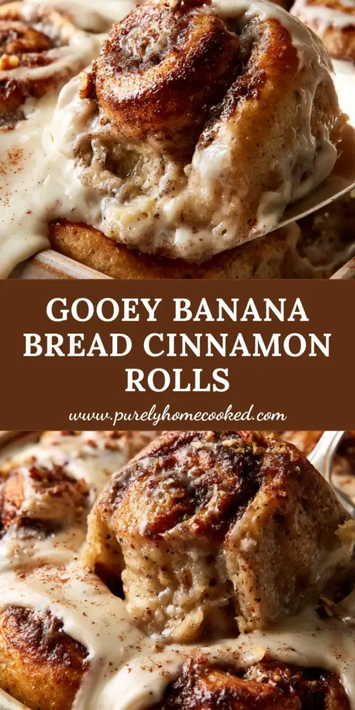 A stack of freshly baked banana bread cinnamon rolls with thick melting cream cheese frosting and toasted pecans in a rustic dish. (banana bread cinnamon rolls)