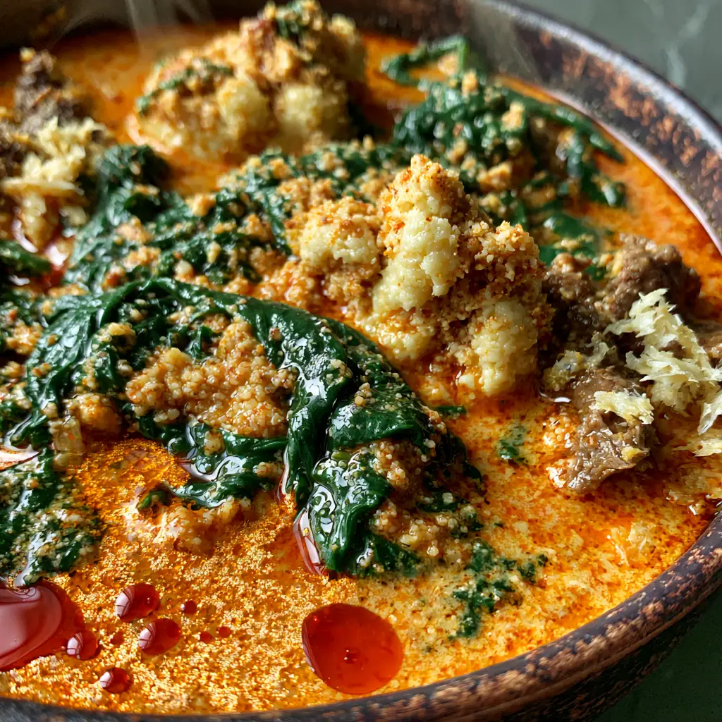 Egusi Soup: The Ultimate Guide to Making Authentic Nigerian Melon Seed Stew with Perfect Lumps 1 Authentic Nigerian Egusi Soup in a rustic ceramic bowl with visible steam trails and shimmering oil droplets. (Egusi Soup)