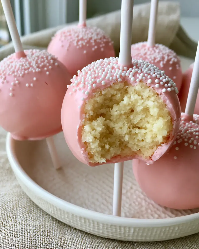 Cake Pop Recipes: The Ultimate Guide to Perfect Pink Copycat Treats 1 Detailed view of glossy pink candy coating and white nonpareil sprinkles on a cake pop.