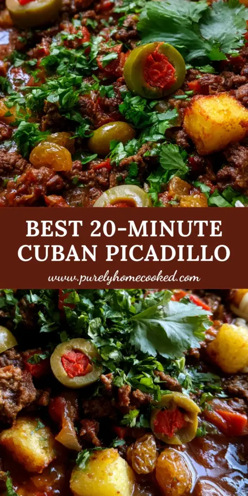 Cuban Picadillo with Crispy Fried Potatoes and Golden Raisins 3 A rustic black cast iron skillet filled with savory Cuban picadillo, featuring green manzanilla olives, golden raisins, and crispy fried potatoes served with a side of white rice.