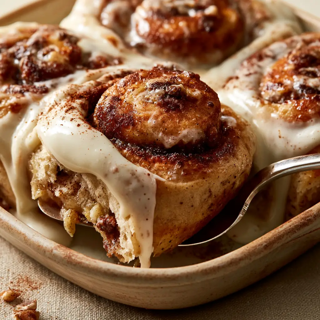 Top view of banana bread cinnamon rolls in a ceramic dish with thick white cream cheese frosting dripping down the sides and toasted pecan garnish.