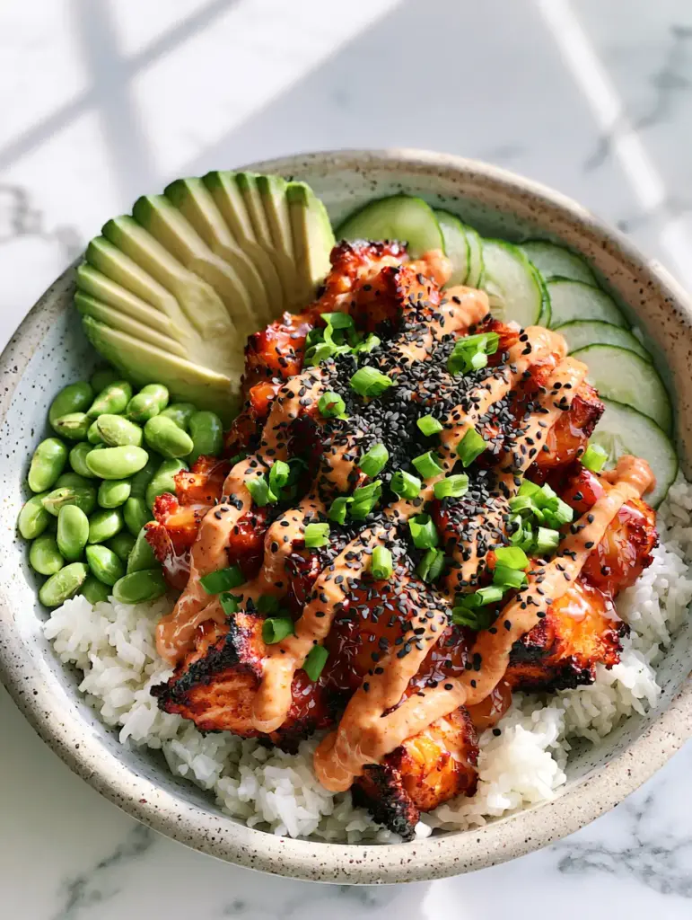 Salmon Rice Bowls with Air-Fried Honey Sriracha Glaze 2 Overhead shot of air-fried salmon chunks with golden-brown charred edges and spicy honey glaze. (salmon rice bowls)