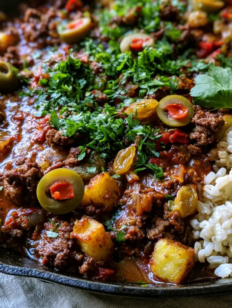 Cuban Picadillo with Crispy Fried Potatoes and Golden Raisins 2 Top-down view of Cuban picadillo in a cast iron skillet with visible red pimentos, golden raisins, and crispy potatoes.