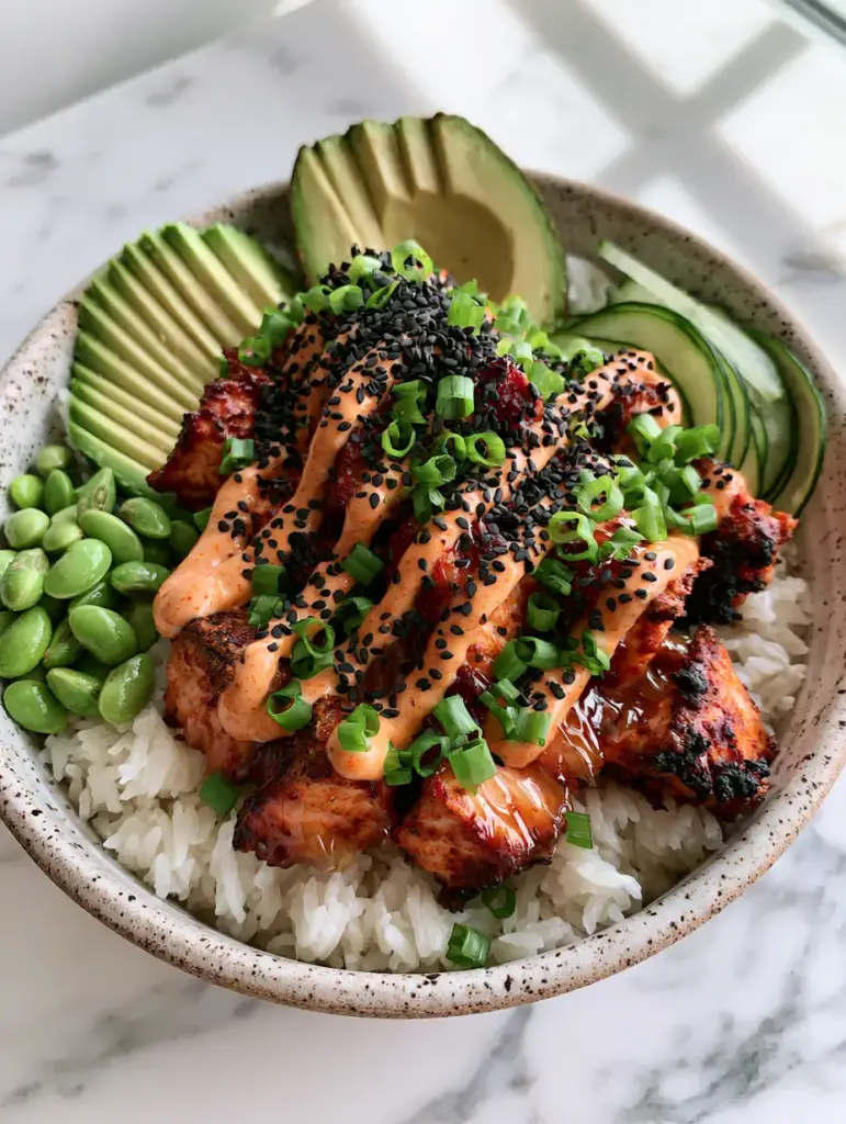 Salmon Rice Bowls with Air-Fried Honey Sriracha Glaze 1 Detailed view of the zig-zag sriracha mayo drizzle over spicy salmon rice bowls with black sesame seeds.