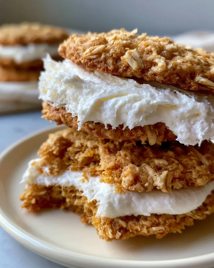Close-up of golden-brown oatmeal cream pies with visible rolled oats and thick marshmallow buttercream filling.