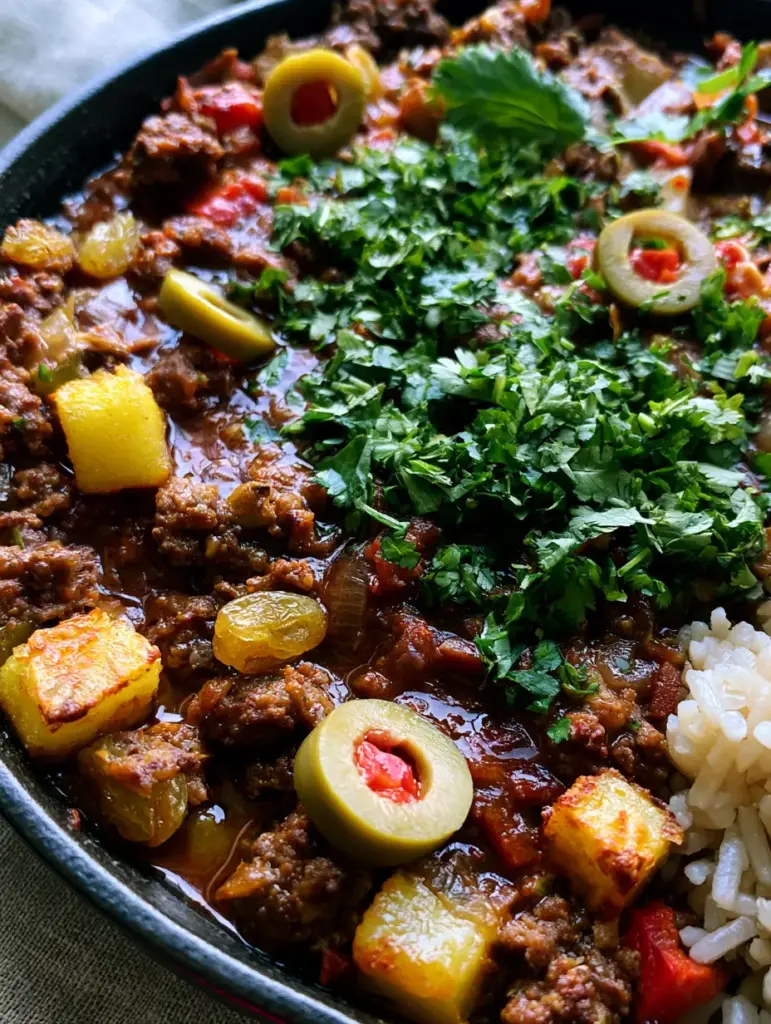 Cuban Picadillo with Crispy Fried Potatoes and Golden Raisins 1 Close up shot of glossy tomato and white wine sauce coating ground beef crumbles and olives.