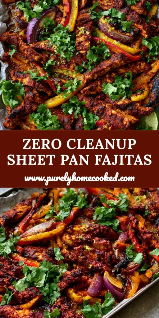 A rustic sheet pan filled with sizzling Sheet Pan Chicken Fajitas, charred bell peppers, and fresh cilantro garnish on a neutral stone background.
