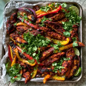 Top-down view of Sheet Pan Chicken Fajitas with dark smoky rub, charred yellow and red peppers, and lime halves on parchment paper.