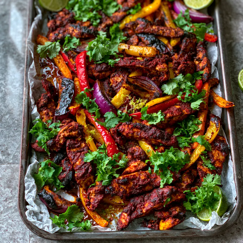 Close-up of charred bell peppers and smoky chicken strips in Sheet Pan Chicken Fajitas showing glistening natural juices.