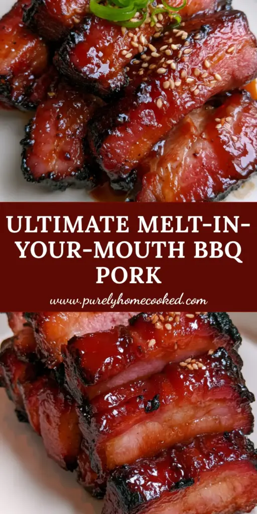 Chinese barbecue pork (Char Siu) with a Glistening Mahogany Honey Glaze 4 Sliced Chinese barbecue pork (Char Siu) on a white plate with honey glaze and sesame seeds.