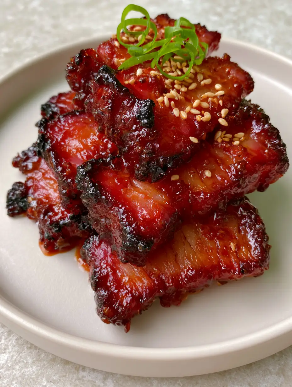 Chinese barbecue pork (Char Siu) with a Glistening Mahogany Honey Glaze 3 Macro photo of Chinese barbecue pork slices showing succulent meat fibers and mahogany glaze.