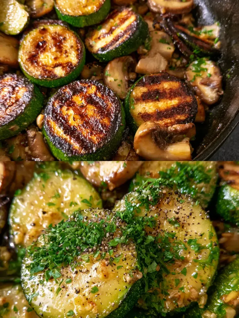 Skillet Zucchini and Mushrooms with Garlic Butter Glaze 2 Split view showing a top-down skillet shot and a macro texture shot of Skillet Zucchini and Mushrooms.