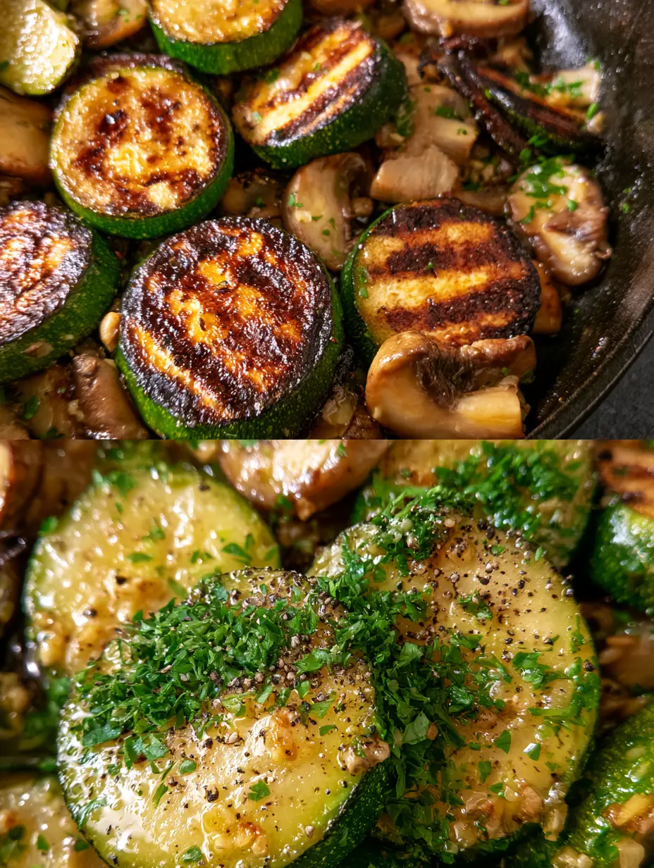 Skillet Zucchini and Mushrooms with Garlic Butter Glaze 3 Split view showing a top-down skillet shot and a macro texture shot of Skillet Zucchini and Mushrooms.