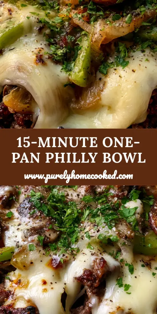 Ground beef Philly cheesesteak bowl with Melted Provolone and Sautéed Peppers 3 A rustic cast iron skillet filled with a Ground beef Philly cheesesteak bowl featuring melted provolone cheese, seared beef crumbles, and green bell peppers.